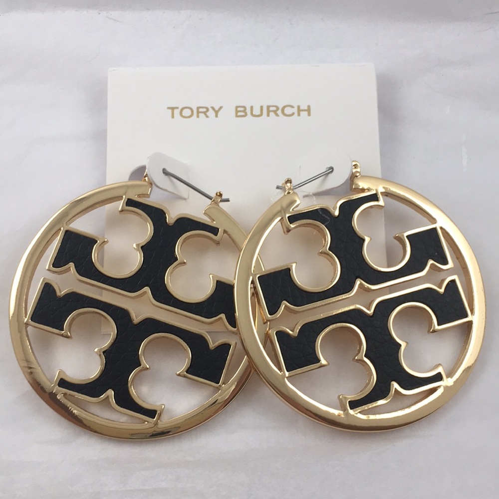 Tory Burch Miller Hoop Gold/Black Logo Earrings